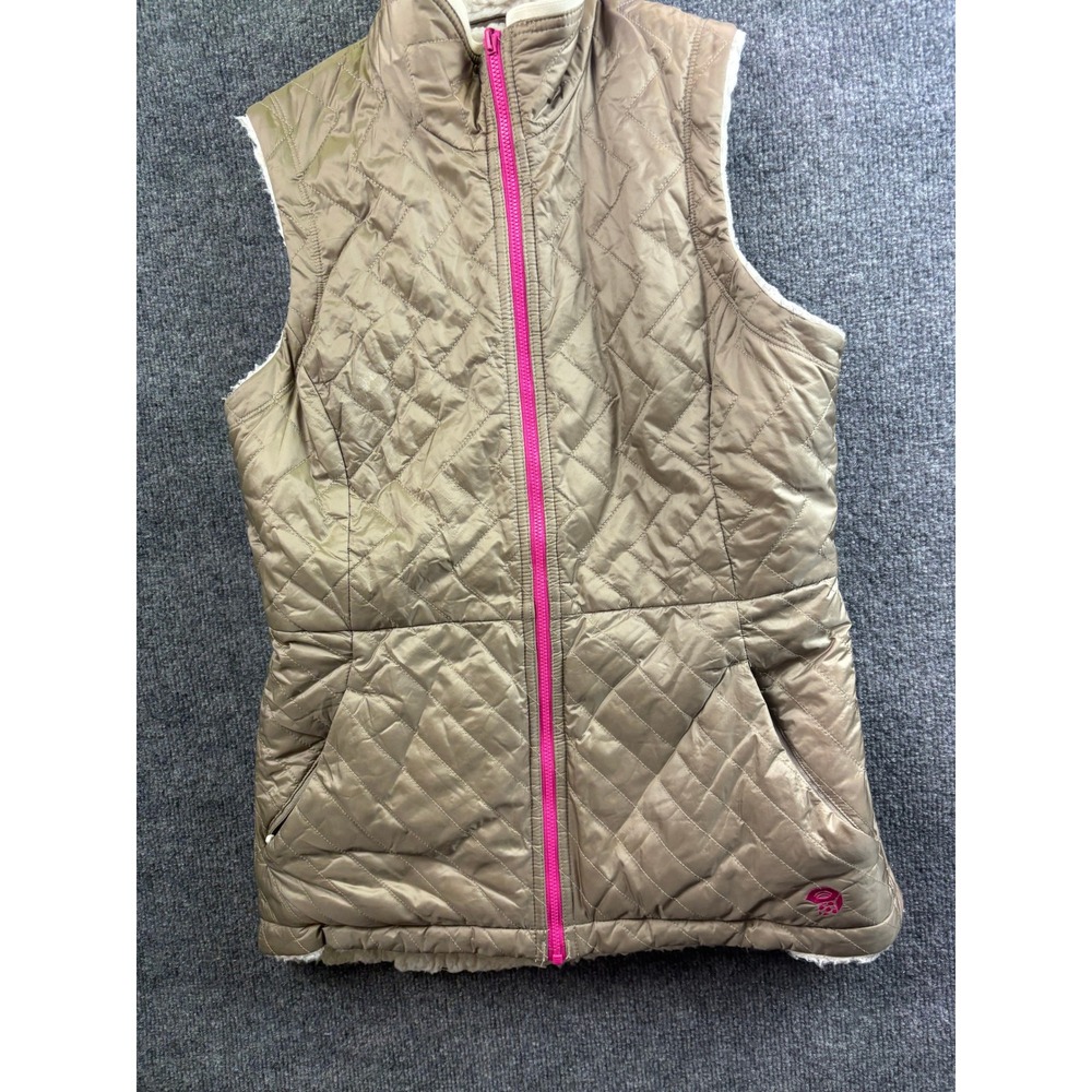 Mountain Hardwear Reversible Vest Womens S Taupe Quilted Sherpa Fleece Pink Zip
